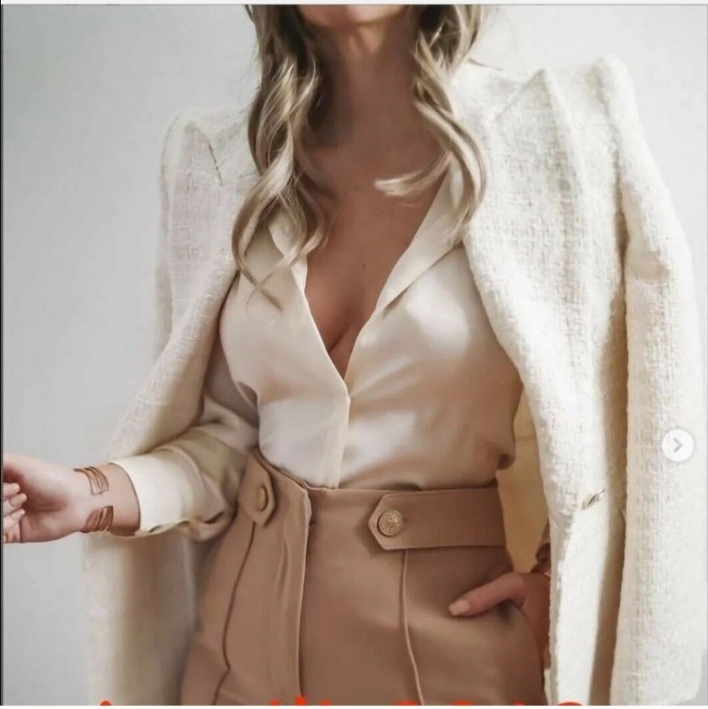 ZARA Tweed Textured Double Breasted Blazer gold buttons size S - Picture 12 of 16